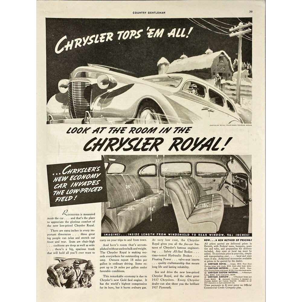 Chrysler Royal 4-Door Sedan "Look at the Room in the Chrysler" Vtg Print Ad 1937